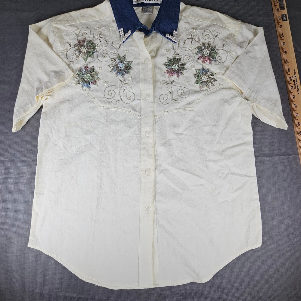 Jane Ashley Women's Embroidered Pearl Collar Denim Western Shirt Size M